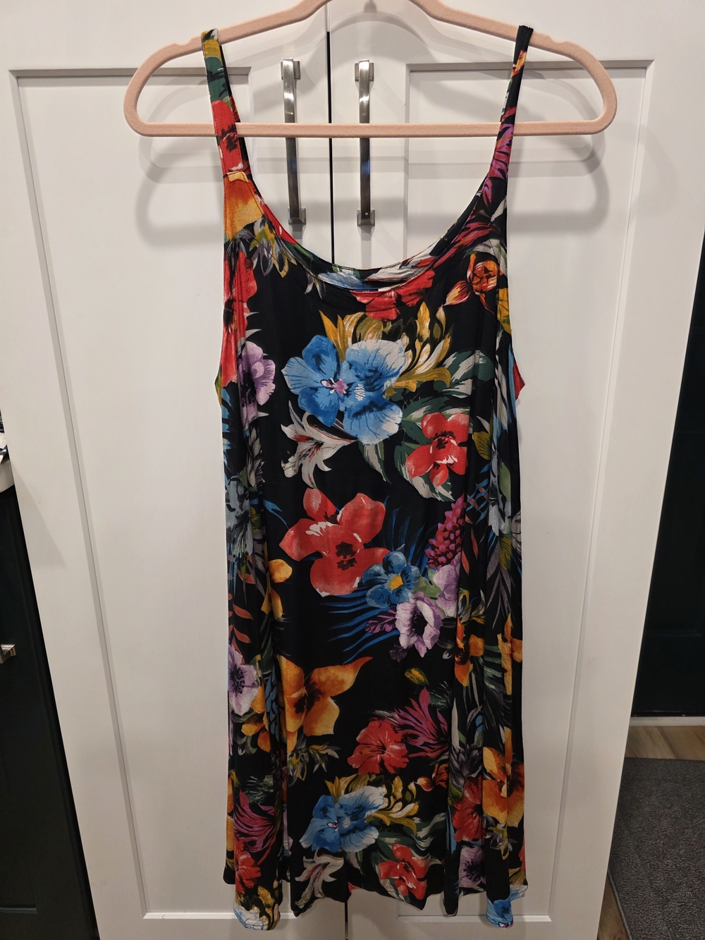 Black Floral Slip Midi Dress with Bright Multicolor Blooms